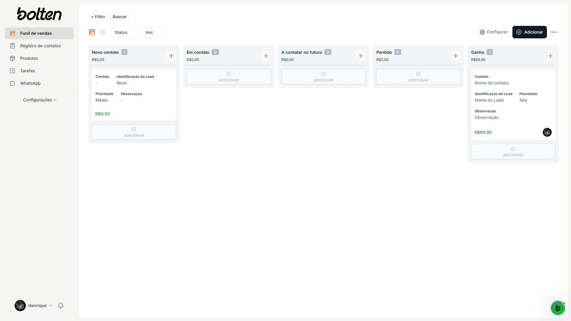 Kanban board interface